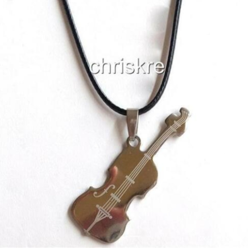 Silver Stainless Steel Violin Necklace Fiddle Silver Tone 18" Black Cord Unisex